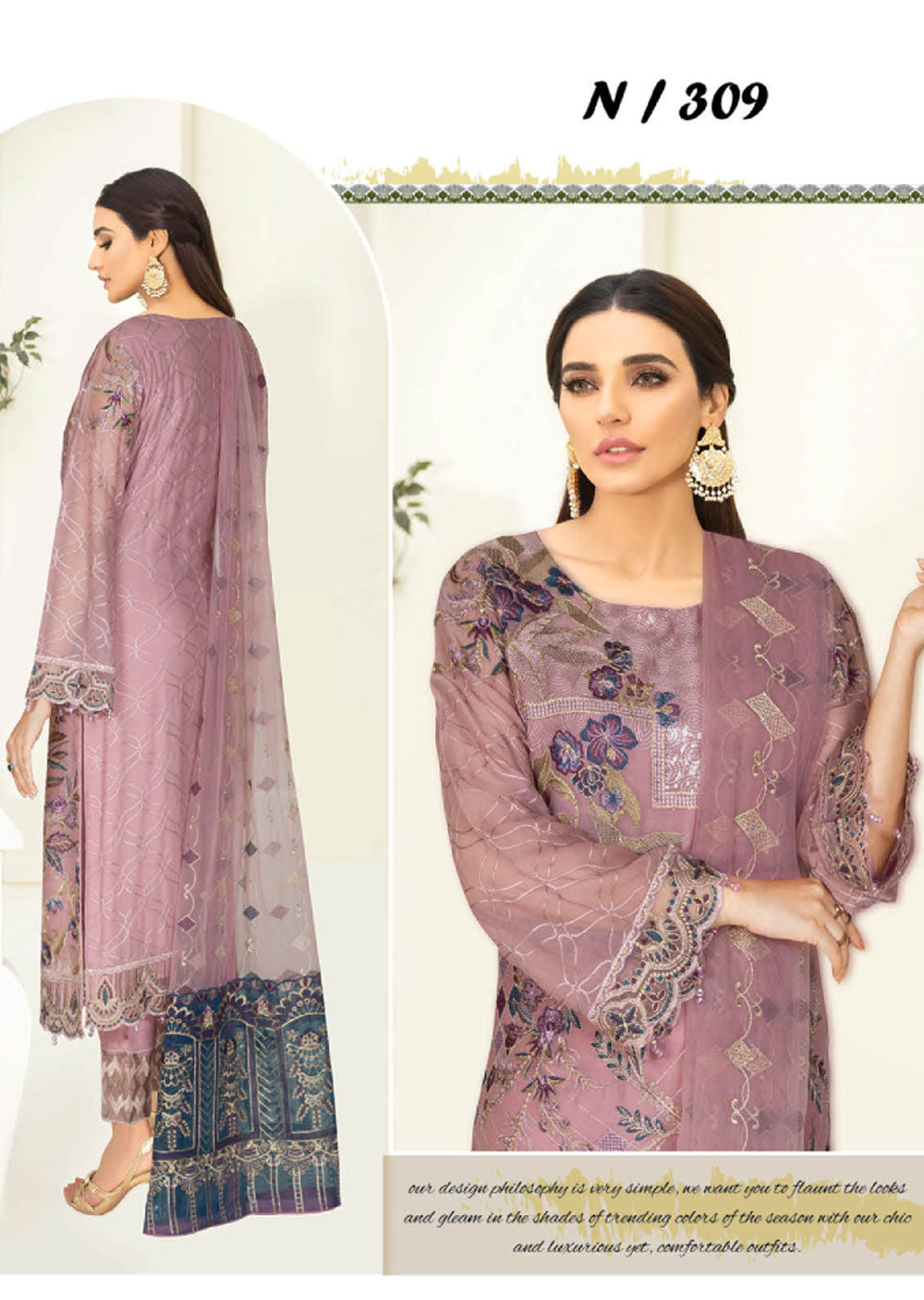 N-1309 - Unstitched - Nayab Weightless Chiffon Collection by Ramsha Vol 03 2023 - Memsaab Online