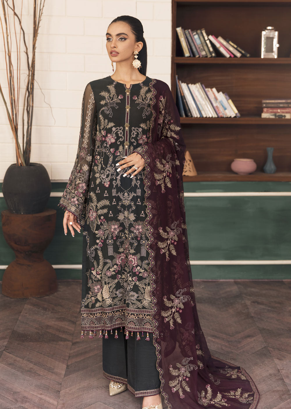 FE-504 - CRIMSON CHARCOAL GREY - Unstitched - Flossie Executive Collection Vol 5 2023 - Memsaab Online