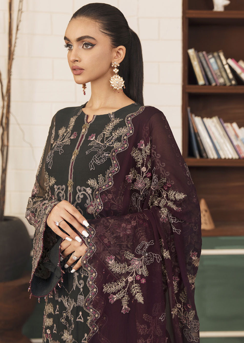 FE-504 - CRIMSON CHARCOAL GREY - Unstitched - Flossie Executive Collection Vol 5 2023 - Memsaab Online