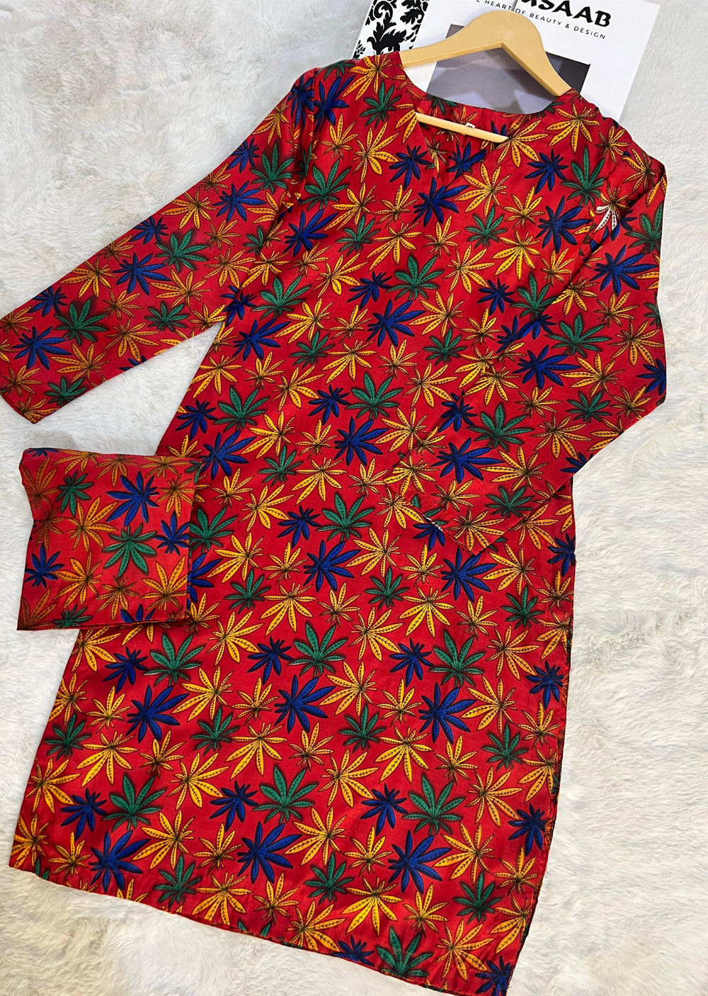 AMT4913 - Red Readymade Lawn Suit Co-ord - Memsaab Online