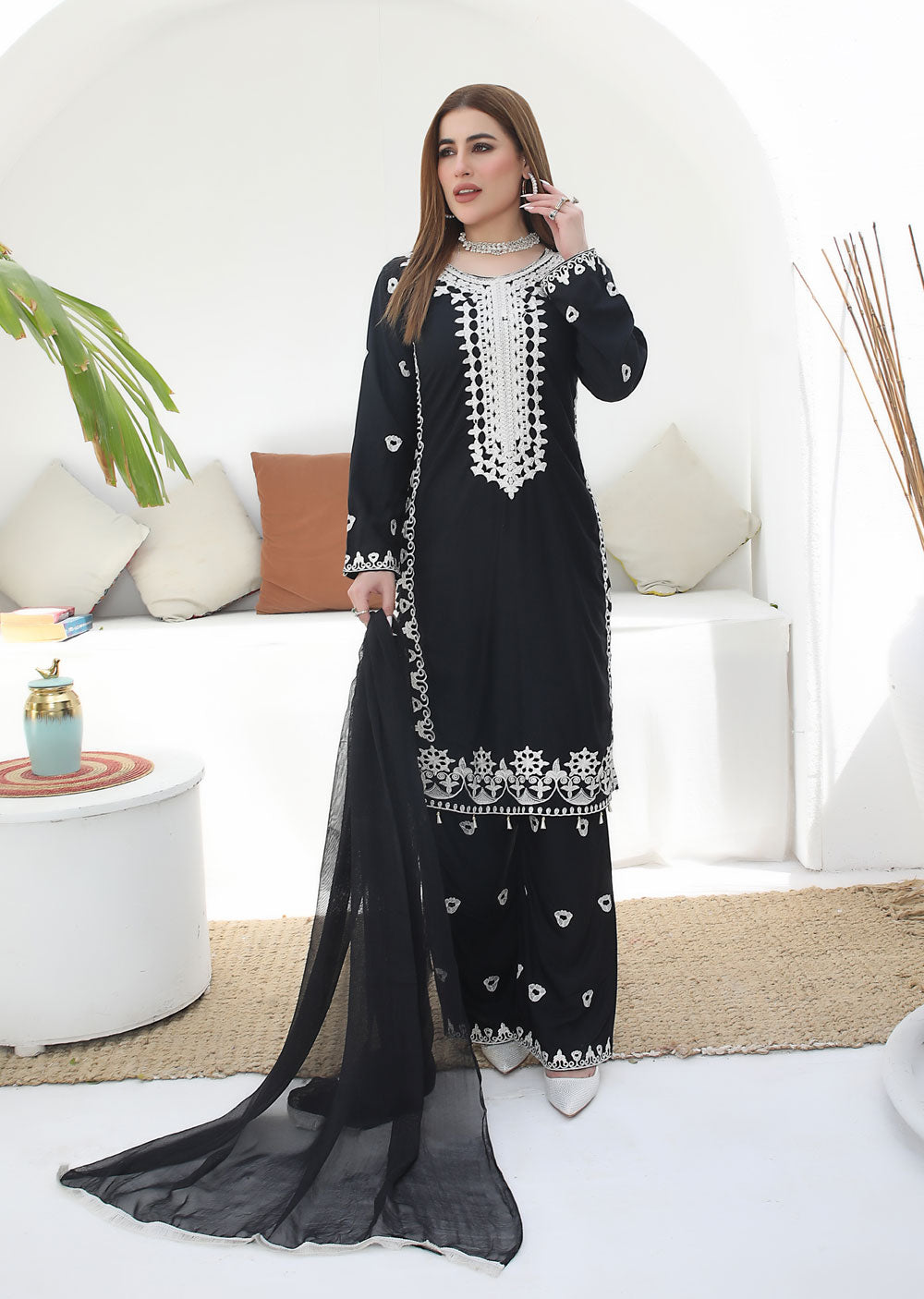 HK203 Sayasra Readymade Black Linen Suit - Memsaab Online
