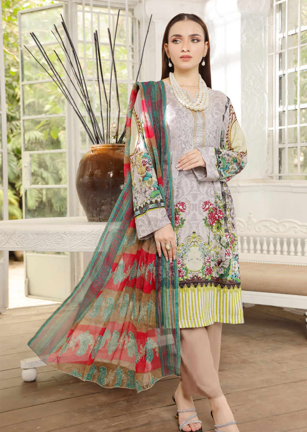 AMT48012 - Grey Readymade Lawn Suit - Memsaab Online