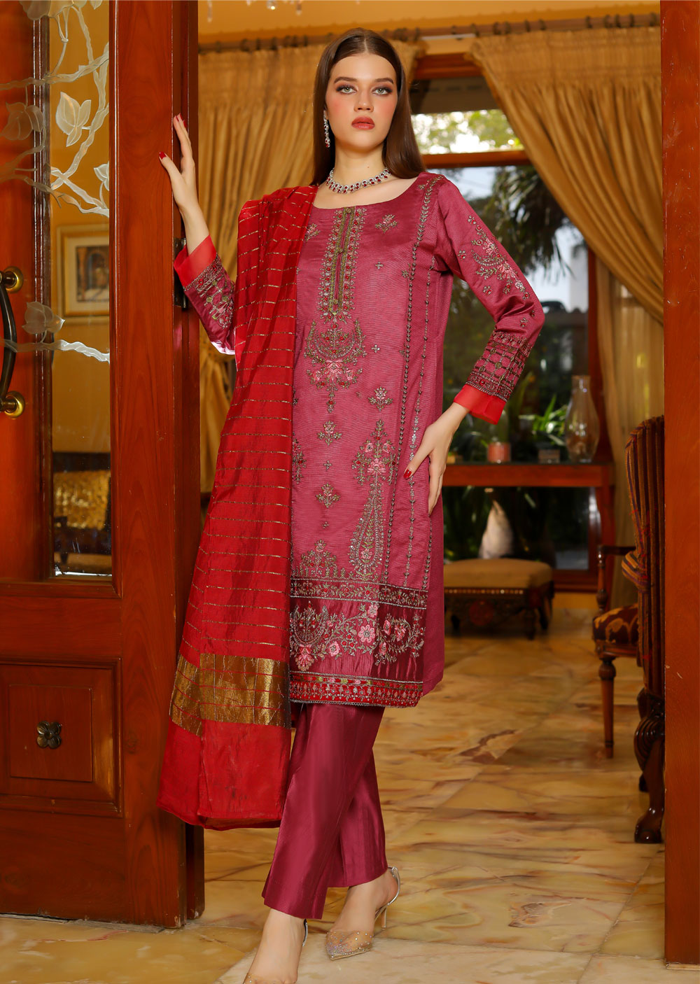 KLD302 Sanaya - Pink Readymade Khadi Net Suit - Memsaab Online