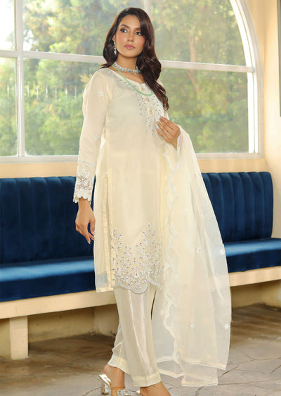 KLD322 Lamisa - Cream Readymade Organza Suit - Memsaab Online