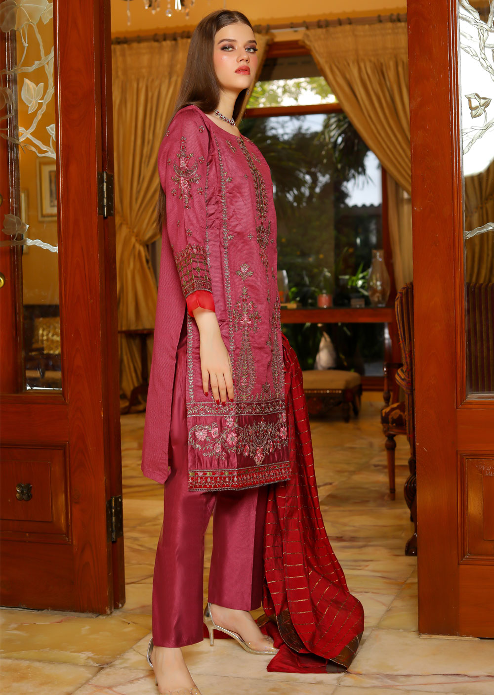 KLD302 Sanaya - Pink Readymade Khadi Net Suit - Memsaab Online