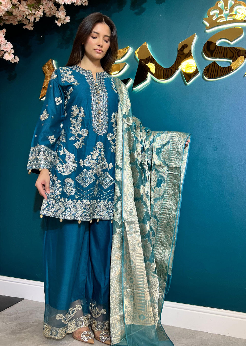 HSS-148 - Readymade Teal Cotton Suit - Memsaab Online