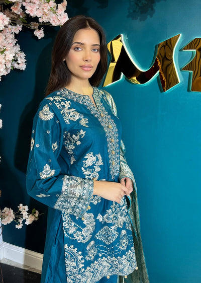 HSS-148 - Readymade Teal Cotton Suit - Memsaab Online