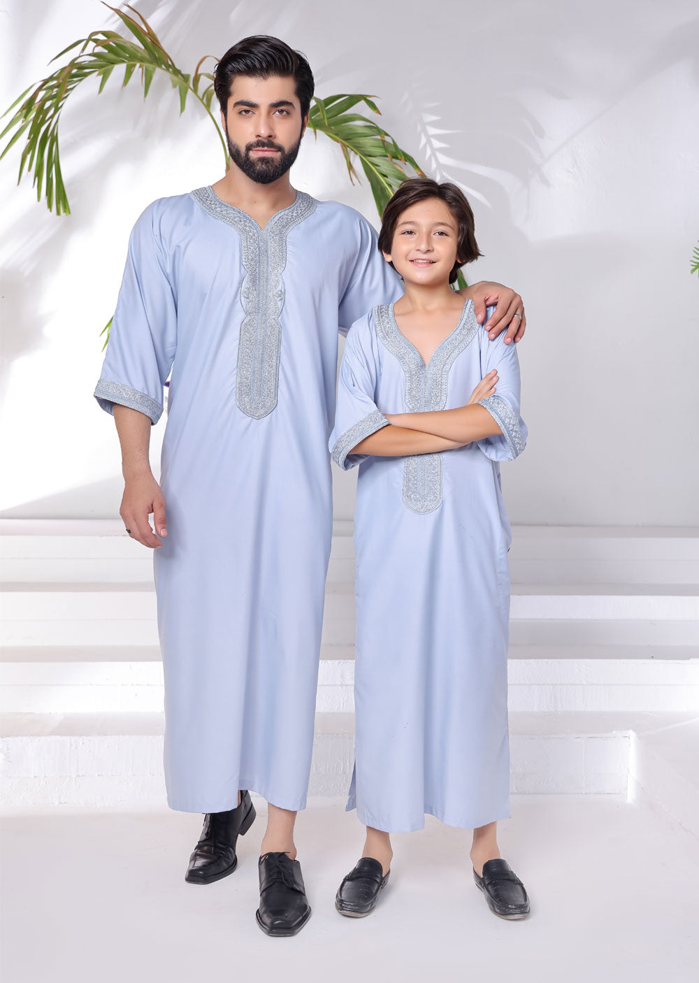 ASM285 baby Blue Father & Son Lightweight Moroccan Thobe - Memsaab Online