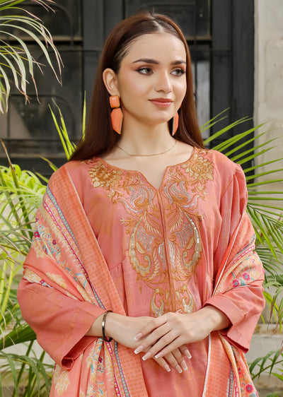 AMT5114 - Pink Readymade Linen Shawl Suit - Memsaab Online