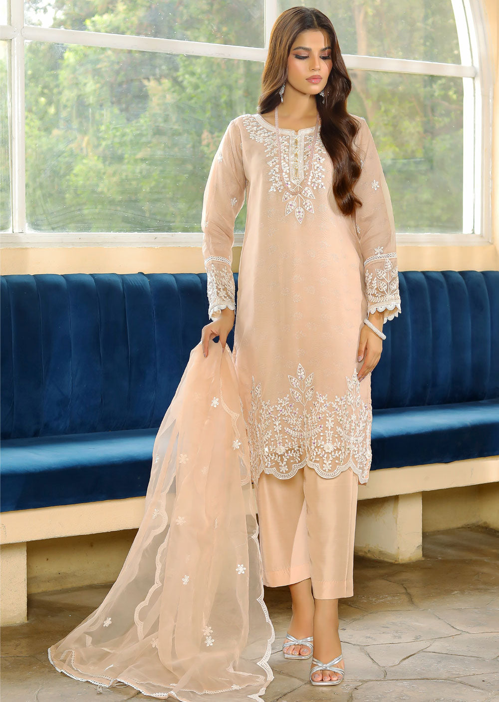 KLD322 Lamisa - Beige Readymade Organza Suit - Memsaab Online