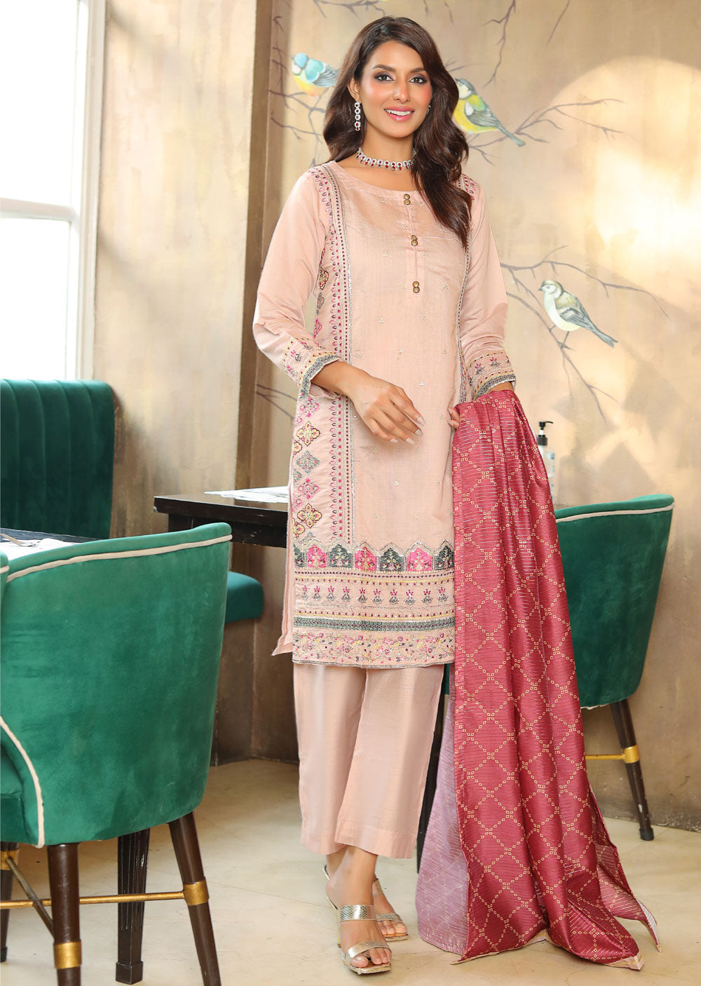 KLD301 Zimal - Peach Readymade Khadi Net Suit - Memsaab Online