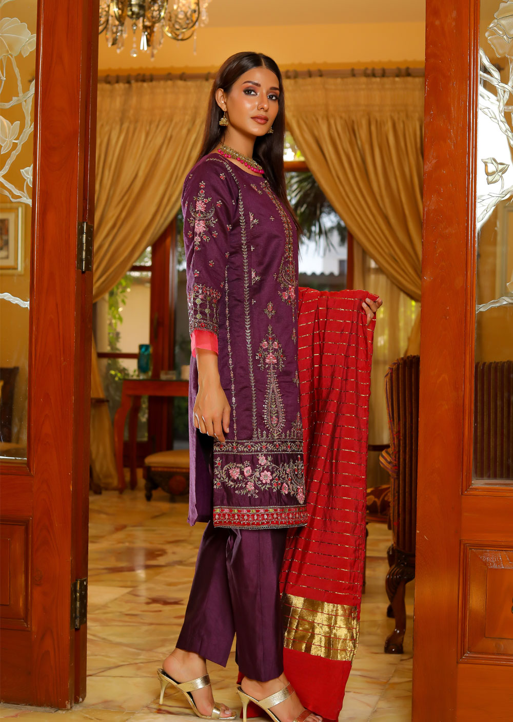 KLD302 Sanaya - Purple Readymade Khadi Net Suit - Memsaab Online