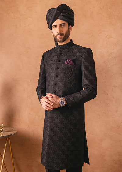 SHR-14 - Black - Readymade Mens Sherwani 2024 - Memsaab Online