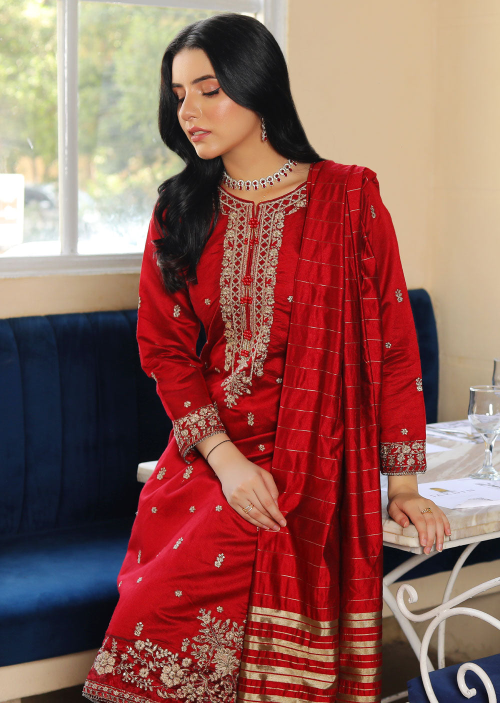 KLD314 / KLD1009 Dinah - Red Readymade Khadi Net Suit - Memsaab Online