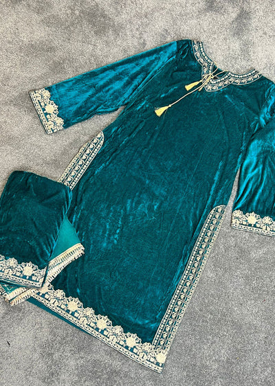 RGZ1515 Teal Readymade Velvet Suit - Memsaab Online