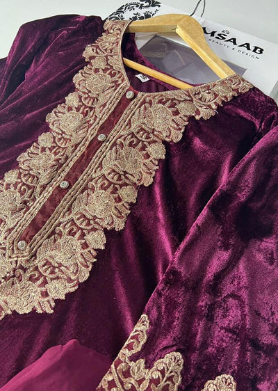 RGZ1517 Plum Readymade Long Velvet Suit - Memsaab Online