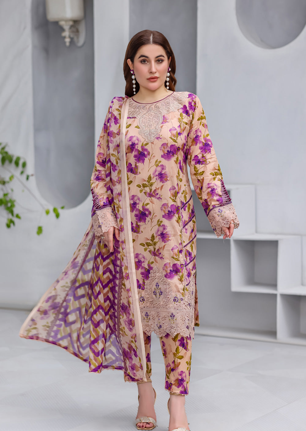 MDNA-20 - Peach Embroidered Lawn Outfit - Memsaab Online