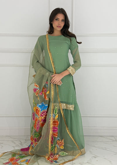 HK270 Hashish - Green Readymade Chiffon Suit - Memsaab Online