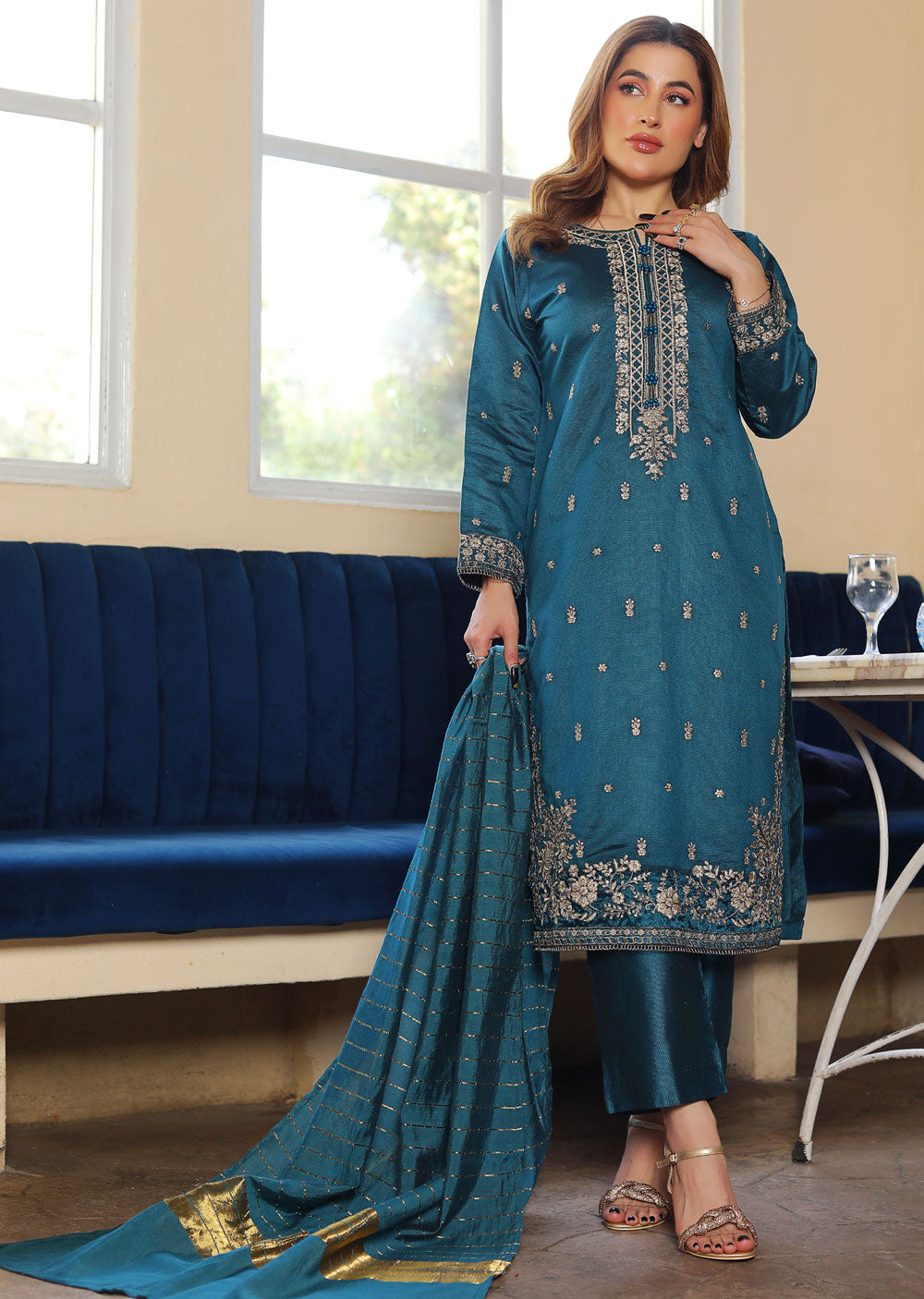 KLD314 / KLD1009 Dinah - Teal Readymade Khadi Net Suit - Memsaab Online