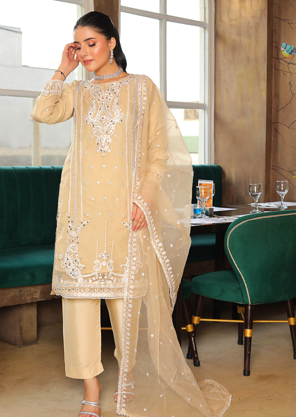 KLD308 Huma - Gold Readymade Organza Suit - Memsaab Online