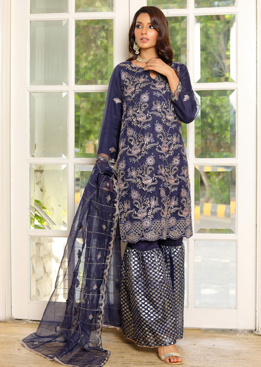 KLD309 Nira - Navy Readymade Organza Suit - Memsaab Online