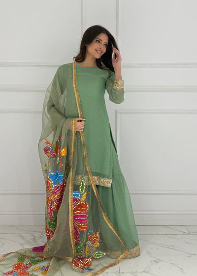 HK270 Hashish - Green Readymade Chiffon Suit - Memsaab Online