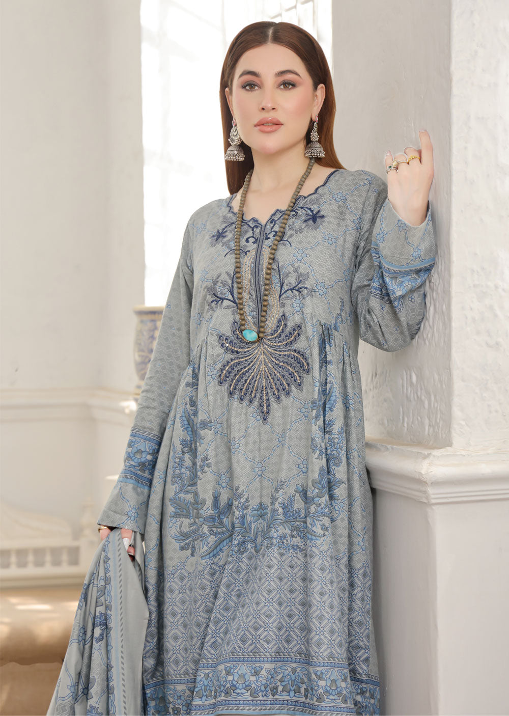 AMT4809 - Grey Readymade Lawn Suit - Memsaab Online