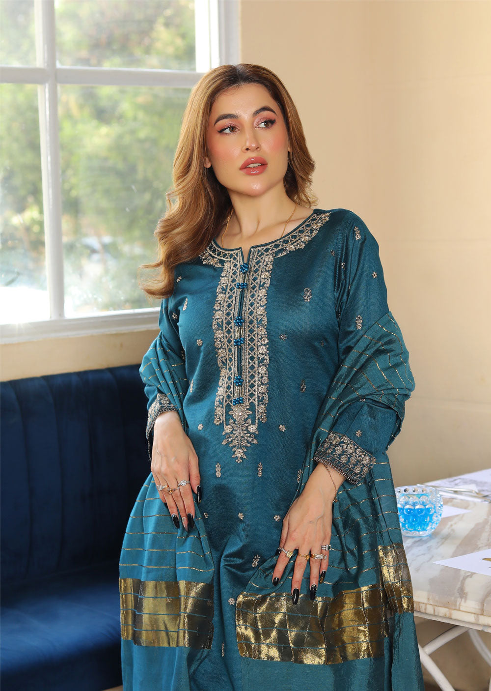 KLD314 / KLD1009 Dinah - Teal Readymade Khadi Net Suit - Memsaab Online