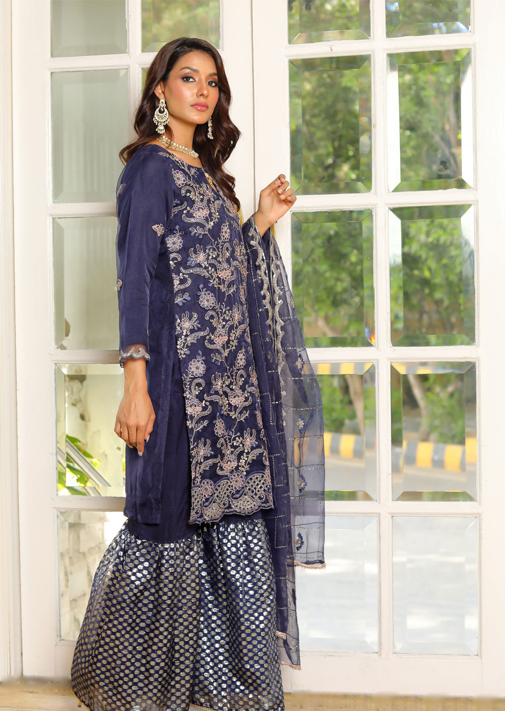 KLD309 Nira - Navy Readymade Organza Suit - Memsaab Online