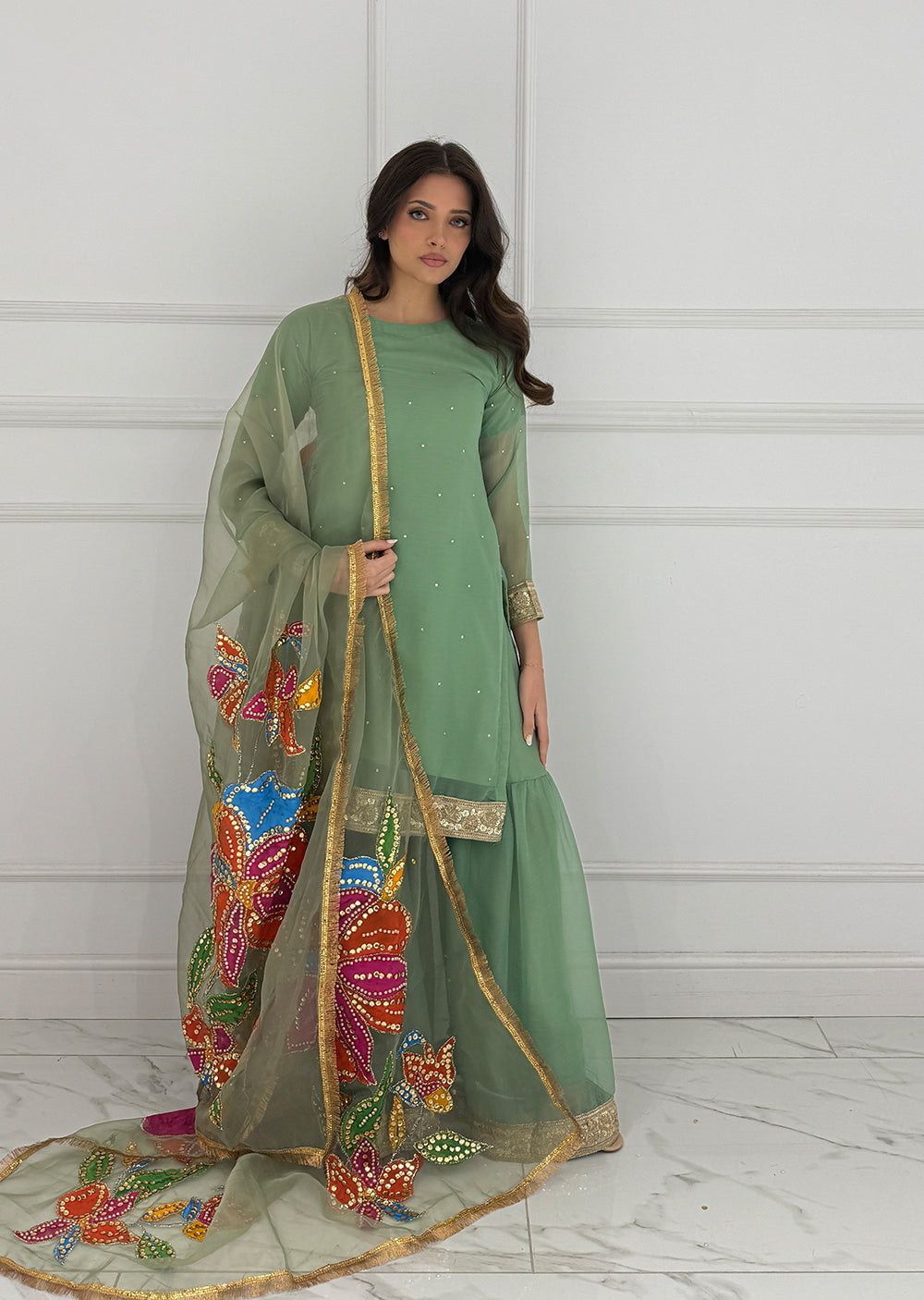 HK270 Hashish - Green Readymade Chiffon Suit - Memsaab Online