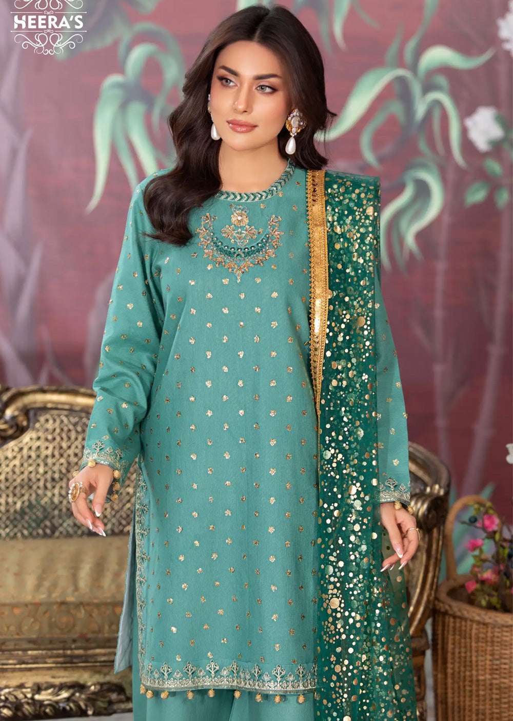 HSS-175 - Readymade - Diamond Sharara Embroidered suit by Heeras - Memsaab Online