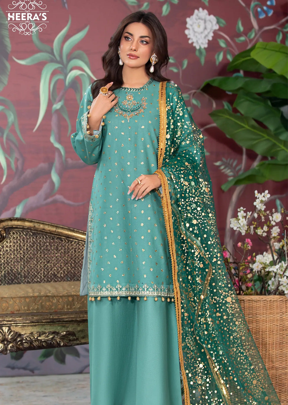 HSS-175 - Readymade - Diamond Sharara Embroidered suit by Heeras - Memsaab Online