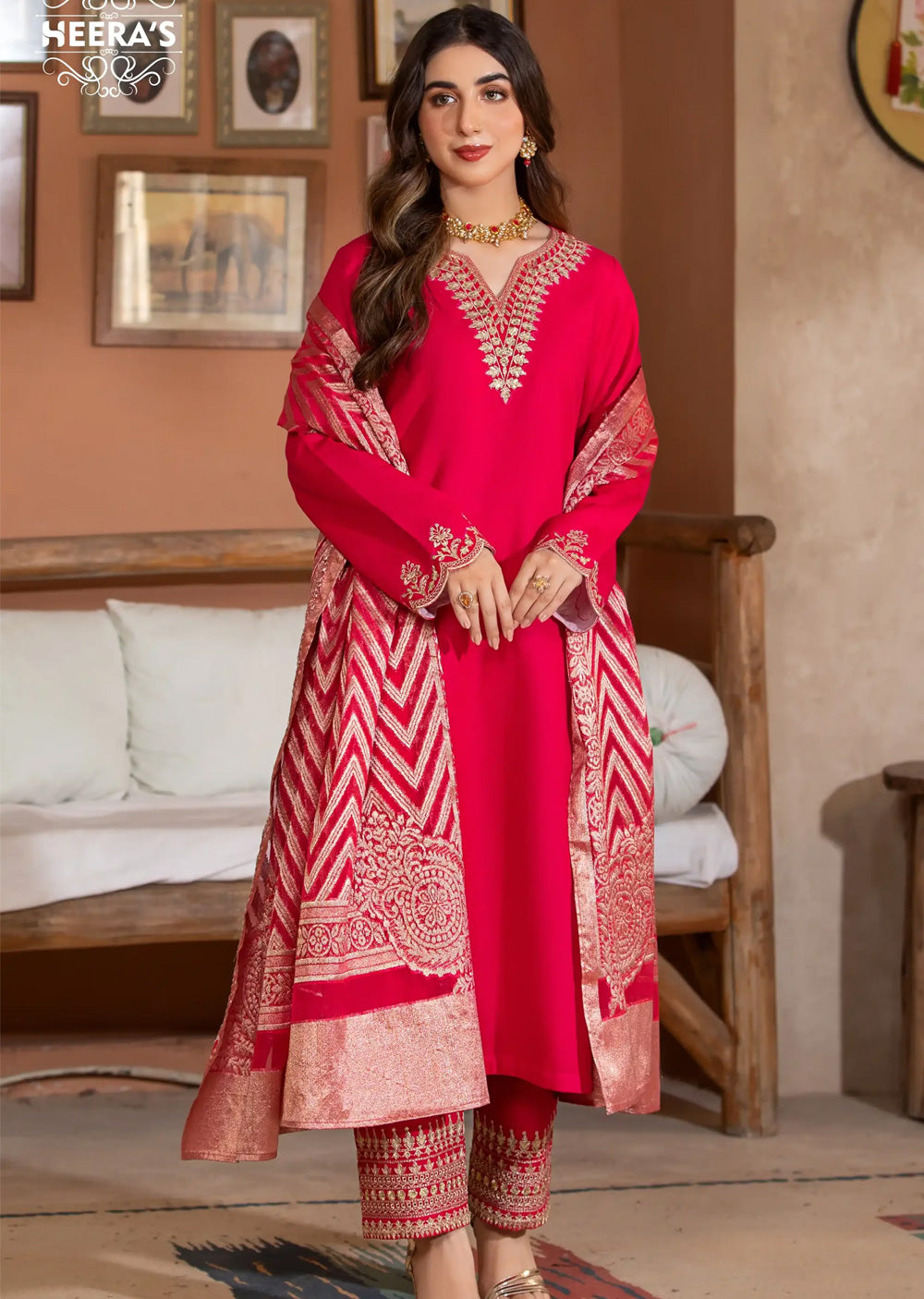 HSS-176 - Readymade - Fairy Luxe Khaddar Embroidered suit by Heeras - Memsaab Online