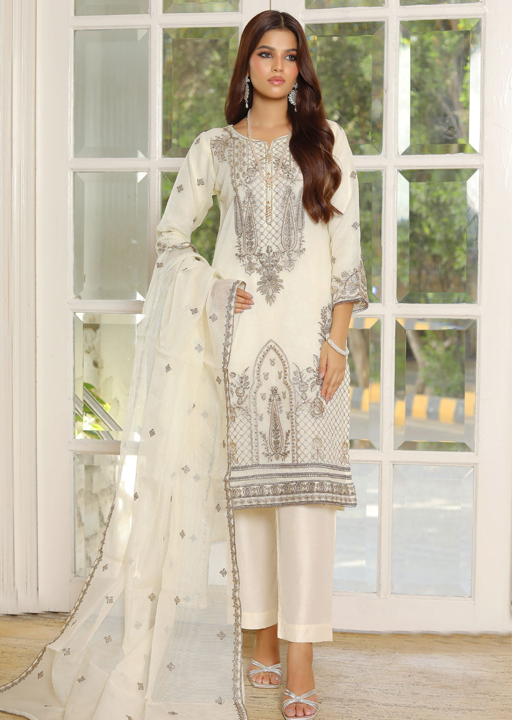 KLD324 Myra - Cream Readymade Cotton net suit - Memsaab Online