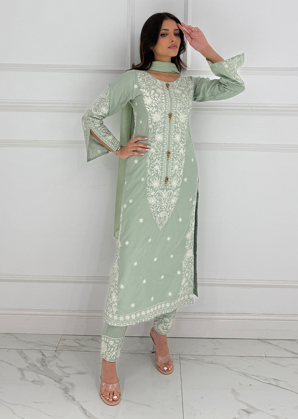 HK271 Jabeen - Mint Linen Oufit - Memsaab Online