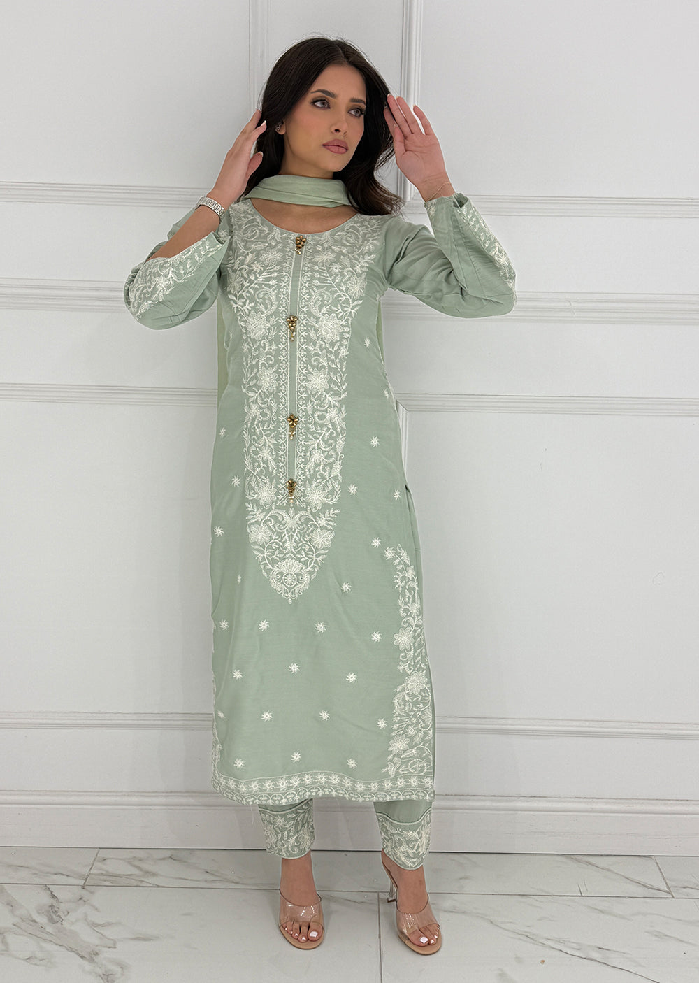 HK271 Jabeen - Mint Linen Oufit - Memsaab Online