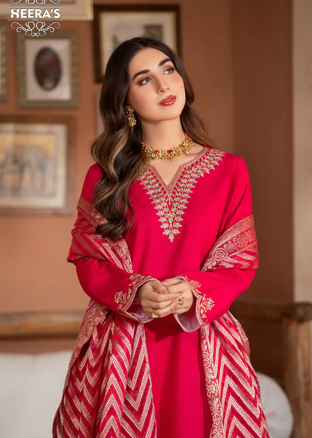 HSS-176 - Readymade - Fairy Luxe Khaddar Embroidered suit by Heeras - Memsaab Online