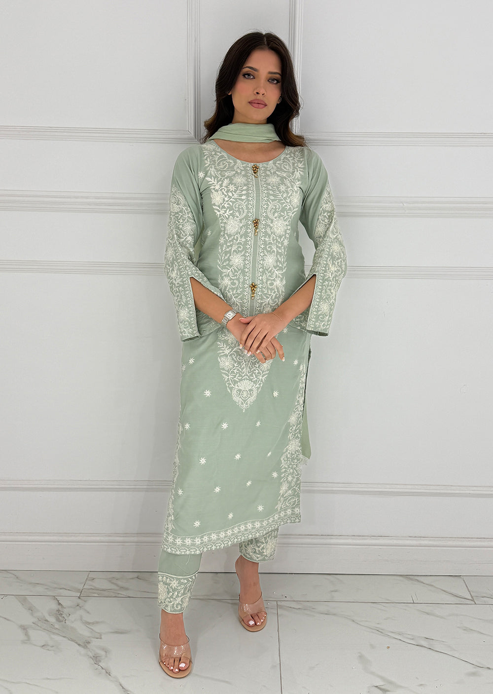 HK271 Jabeen - Mint Linen Oufit - Memsaab Online