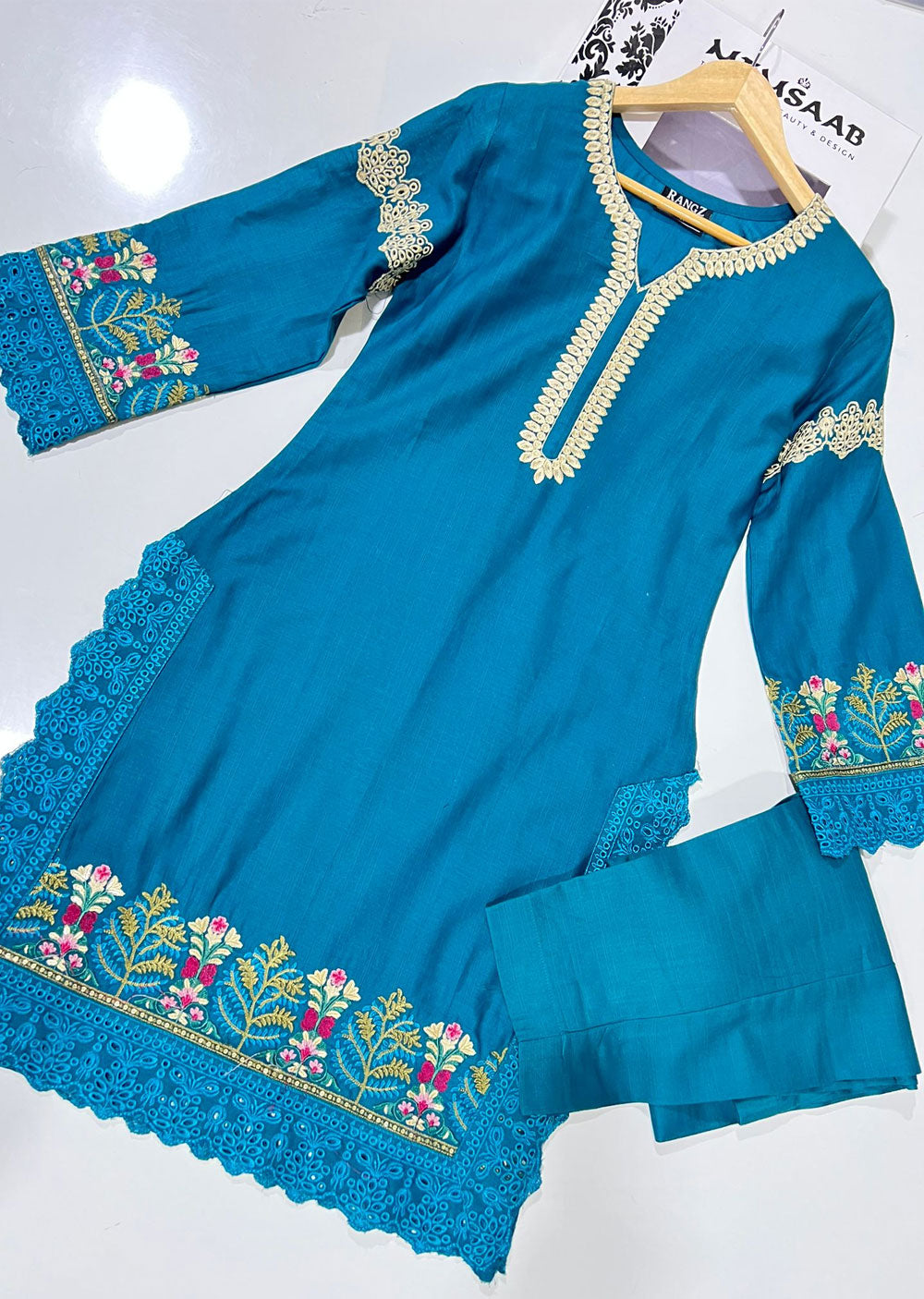 RGZ1720 Readymade Teal Slub Khaddar 2 Piece Suit - Memsaab Online