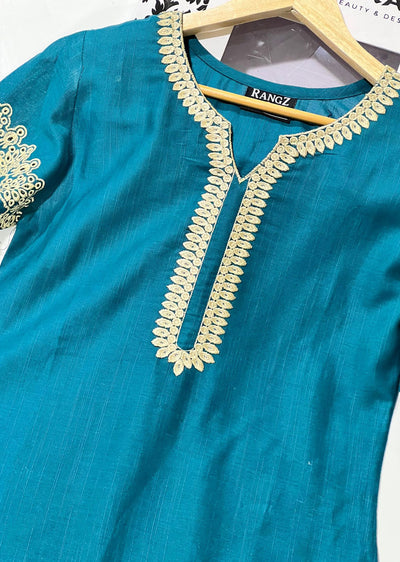 RGZ1720 Readymade Teal Slub Khaddar 2 Piece Suit - Memsaab Online