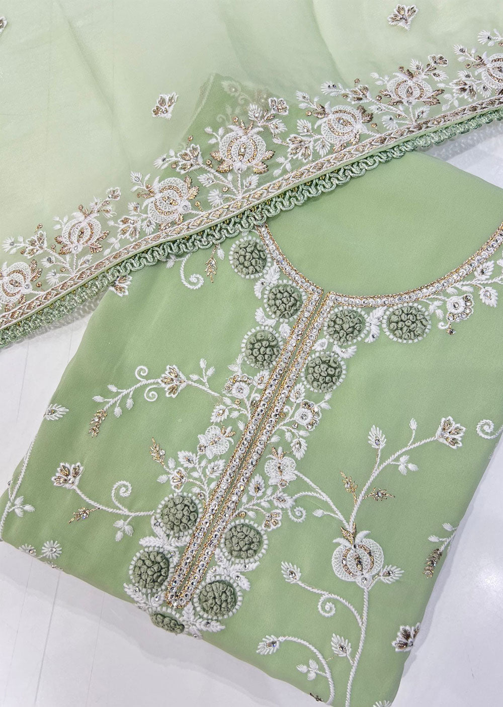 OP1755 Mint Unstitched Georgette Suit - Memsaab Online