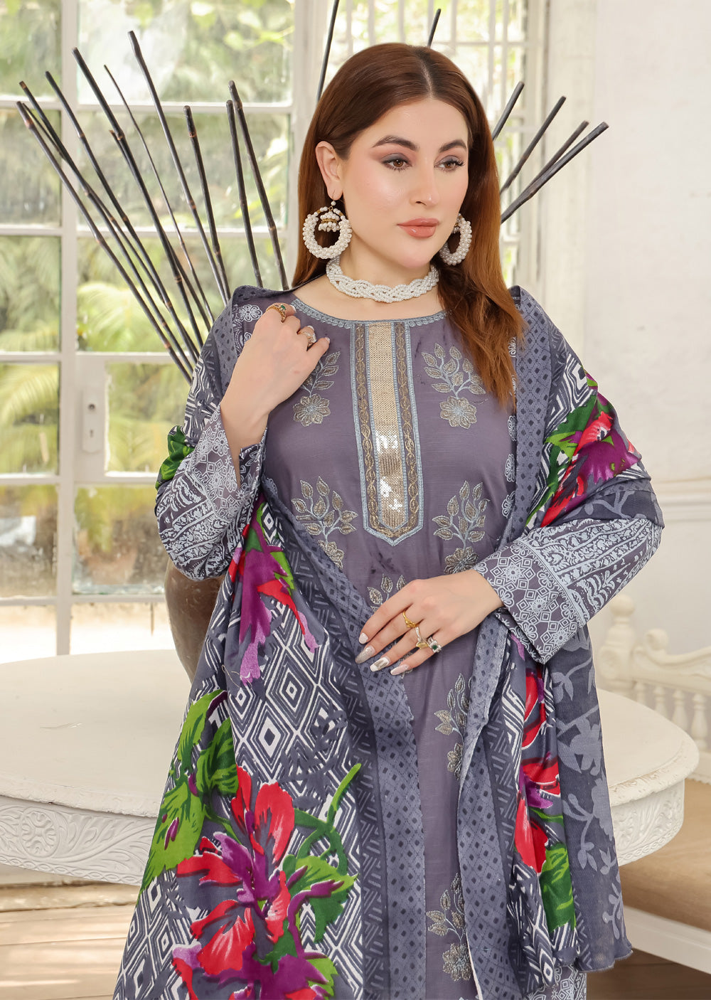 AMT5116 - Grey Readymade Linen Shawl Suit - Memsaab Online