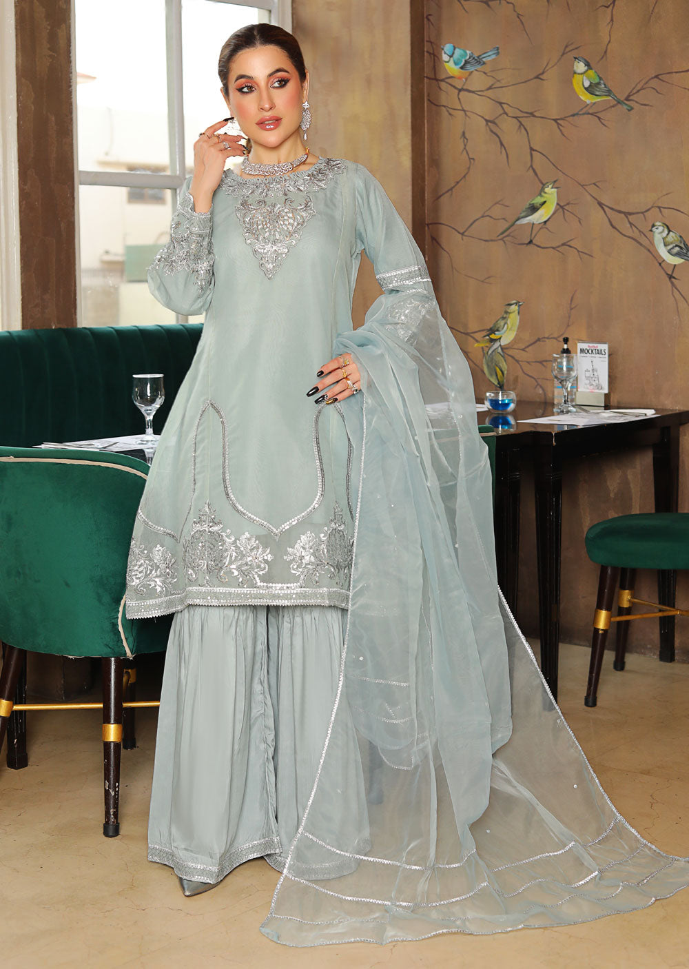 KLD326 Omera - Grey Readymade Cotton net suit - Memsaab Online