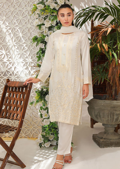 HK205 Abeer Readymade White Linen Suit - Memsaab Online