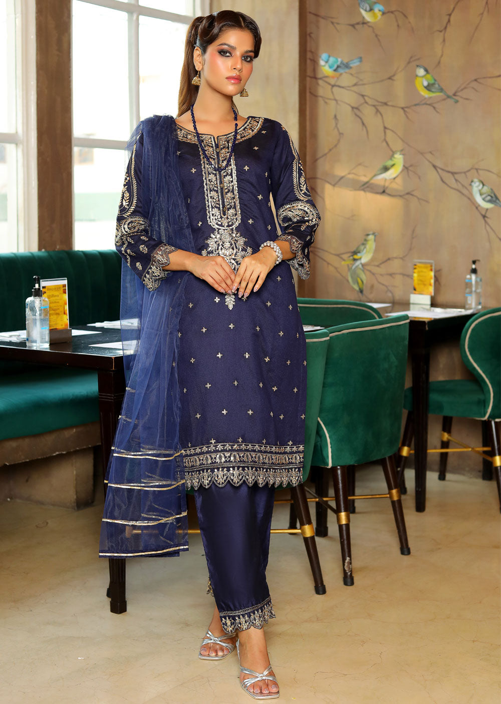 KLD317 Hoor - Navy Readymade Khadi Net Suit - Memsaab Online