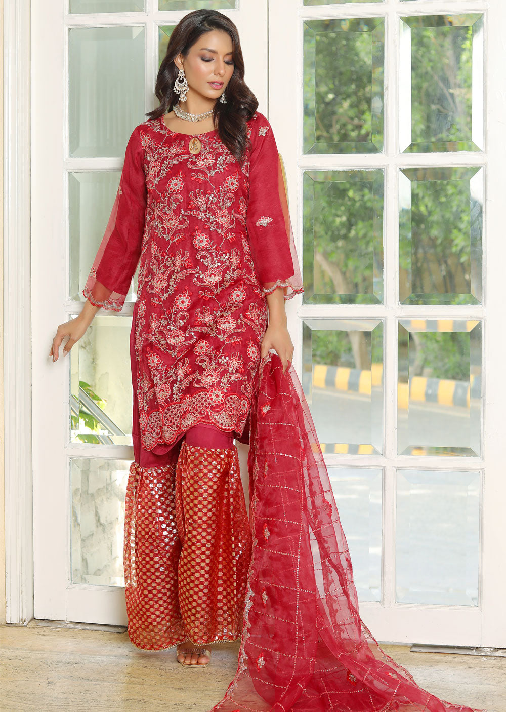 KLD309 Nira - Red Readymade Organza Suit - Memsaab Online