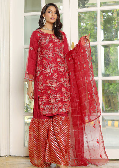 KLD309 Nira - Red Readymade Organza Suit - Memsaab Online