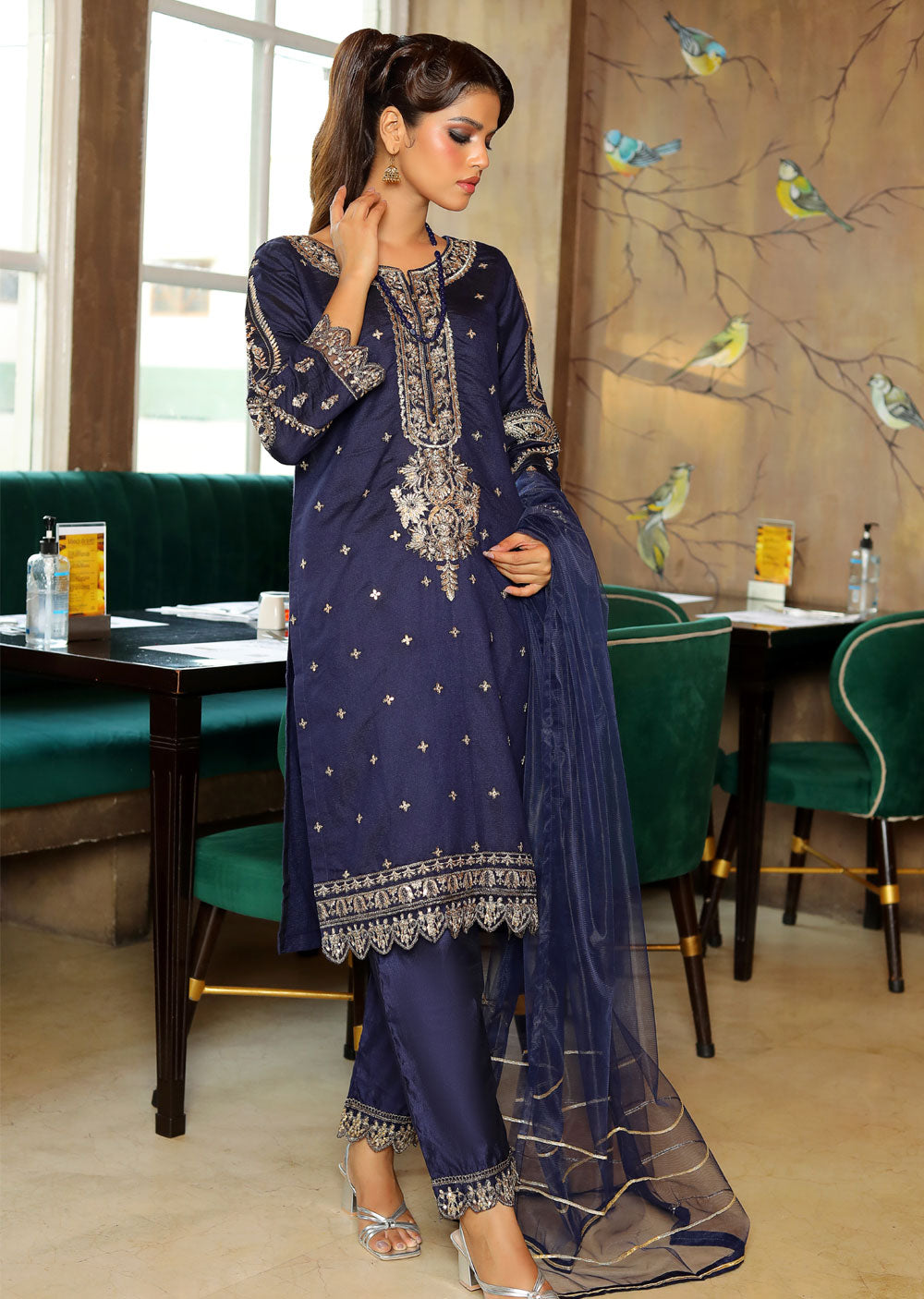 KLD317 Hoor - Navy Readymade Khadi Net Suit - Memsaab Online