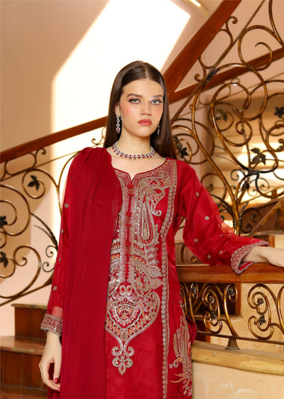 KLD327 Seba - Red Readymade Organza suit - Memsaab Online