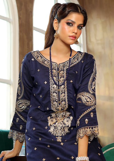 KLD317 Hoor - Navy Readymade Khadi Net Suit - Memsaab Online